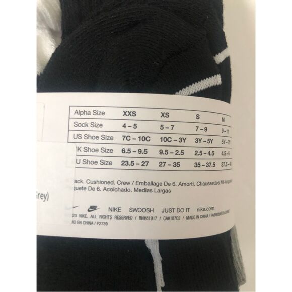 Nike Boys Cushioned Crew Socks 6 Pack (Grey/White/Black) size 7C-10C - Picture 4 of 6